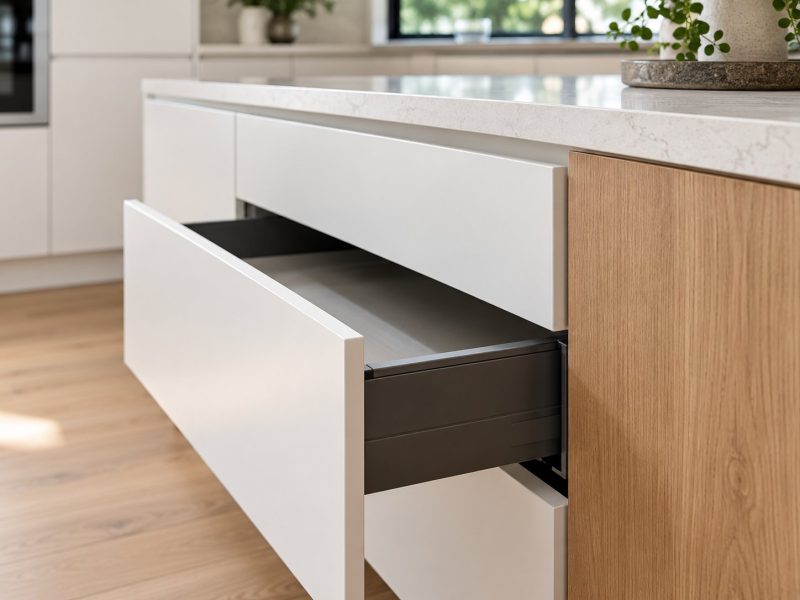 Custom handleless kitchen cabinets with soft-close drawer