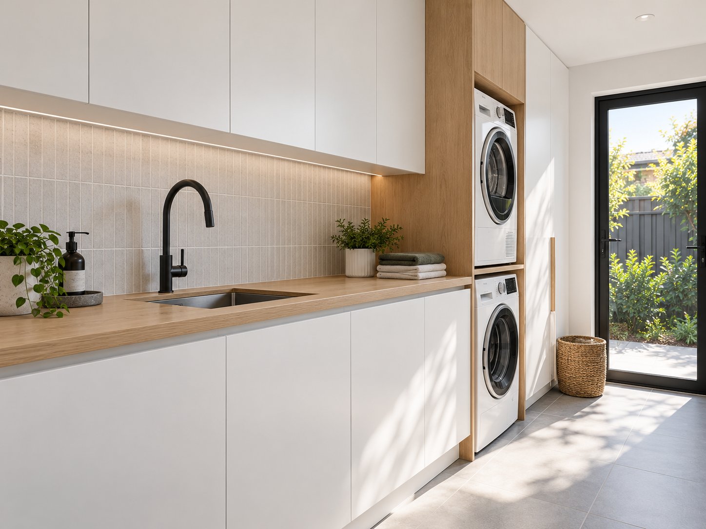 Custom laundry cabinetry with oak benchtop and stacked washer and dryer