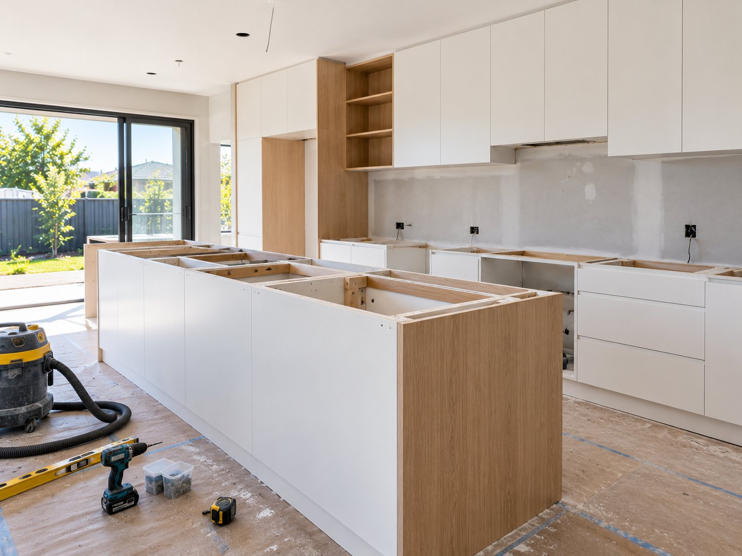 Kitchen renovation in progress with new cabinetry being installed